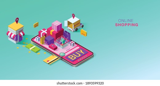 Compras en línea en aplicaciones móviles vectores isométricos, tienda oficial en línea, entrega, marketing digital y concepto de comercio electrónico, pancarta de ilustración plana
