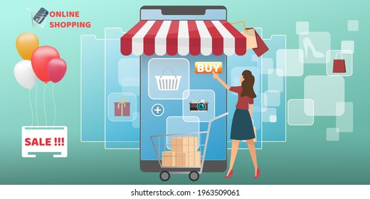 Online shopping on Mobile Application. mobile app, e-commerce on phone.  Buy and pay concept. Vector illustration. Shopping online and delivery concept.