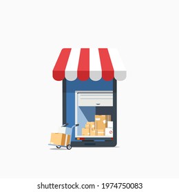 Online Shopping on Mobile Application Vector Concept. with cardboard box, metallic wheeled trolley and delivery van inside mobile phone. Digital marketing illustration