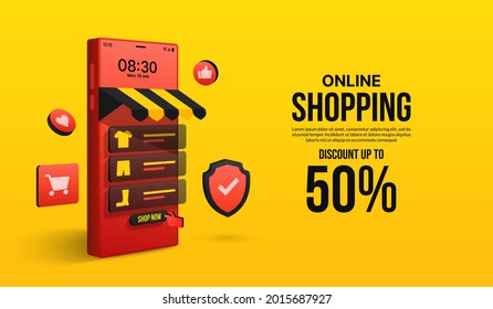 Compras en línea en aplicaciones móviles con fondo amarillo, Concepto de tienda de marketing digital a través de smartphone