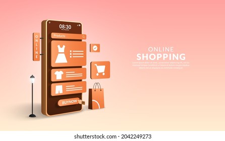 Online shopping on mobile application concept, digital marketing online, 3D smartphone with shopping bag