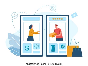 Online shopping on mobile application, distance shop. Vector application for payment and distancing shopping on smartphone illustration