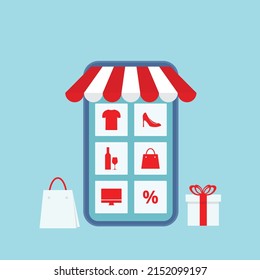 Online Shopping on Mobile Application Vector Concept. with store bag and gift box.Flat style, vector illustration, Graphic Design