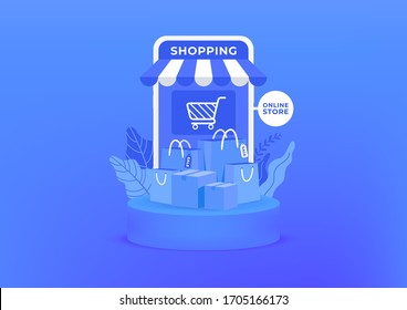 Online shopping on mobile. Shopping bag and boxes on blue background. Online shop on mobile application.