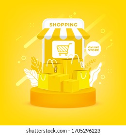 Online shopping on mobile. Shopping bag and boxes on yellow background. Online shop on mobile application.