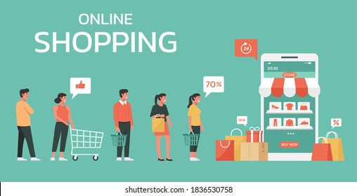 Online shopping on mobile concept, men and women waiting in line to purchase goods on smartphone storefront, web and banner, flat vector illustration