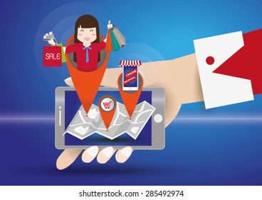 Online shopping on mobile map. with woman and shopping bag.