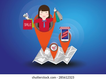 Online shopping on mobile map. with woman and shopping bag.