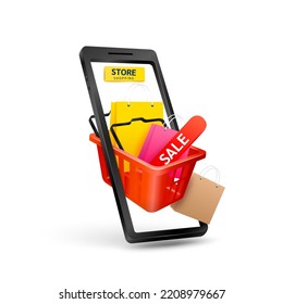 Online shopping on mobile media app. Basket bag red floating inside smartphone. Isolated on white background. Online ordering delivery concept. For media ads digital store web. Icon 3D Vector EPS10