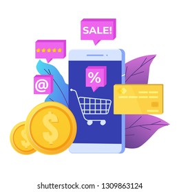 Online Shopping on mobile phone concept. Ecommerce retail app on device. Vector illustration.