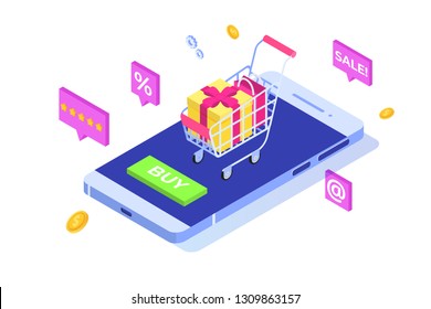 Online Shopping on mobile phone isometric concept. Ecommerce retail app on device. Vector illustration.