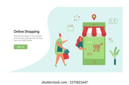 Online shopping on mobile phone with characters. Mobile shopping consept. Women buy things in the online store. Digital marketing. Mobile app. Flat design style vector illustration.