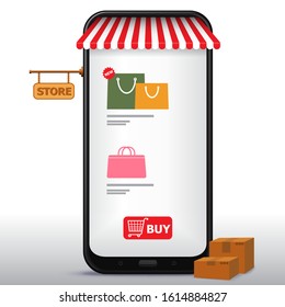 Online Shopping on Mobile Phone and Application Vector Illustration. E-Commerce and Digital Marketing Concept.