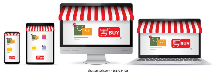 Online Shopping on Mobile Phone, Tablet Pc, Computer Monitor and Laptop Screen. E-Commerce and Digital Marketing Concept Vector Illustration. 