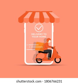 online shopping on mobile phone device, in the process of delivery by a man riding a scooter concept flat design vector illustration. modern style graphic elements for website, web pages, icon