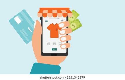 Online shopping on mobile phone concept, Human hand holding mobile phone. Digitally pay by UPI and  bank cards.Buy Clothing, shoes and other accessory through smart phone. flat vector illustration
