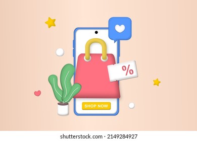 Online shopping on mobile smart phone. Sale banner, discount, social advertising. Mobile and digital marketing. 3D vector illustration for graphic element, sign, symbol. Minimalist style cartoon.