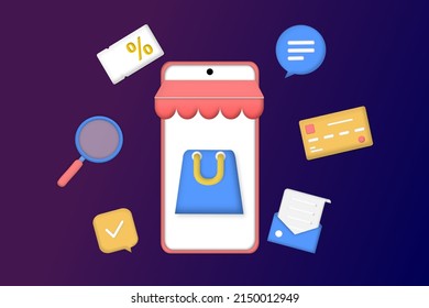 Online shopping on mobile smart phone. Big sale, special discount, social advertising. Mobile and digital marketing. 3D vector illustration for graphic element, sign, symbol. Minimalist style cartoon.
