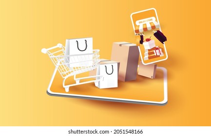 online shopping on phone buy sell business digital  web banner application money advertising payment ecommerce vector illustration search