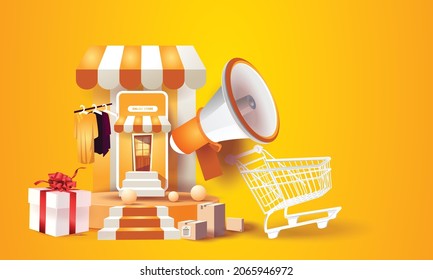 online shopping on phone buy sell business digital  web banner application money advertising payment ecommerce vector illustration search