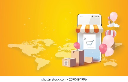 online shopping on phone buy sell business digital  web banner application money advertising payment ecommerce vector illustration search