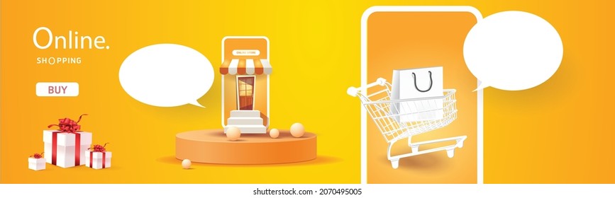 online shopping on phone buy sell business digital  web banner application money advertising payment ecommerce vector illustration search