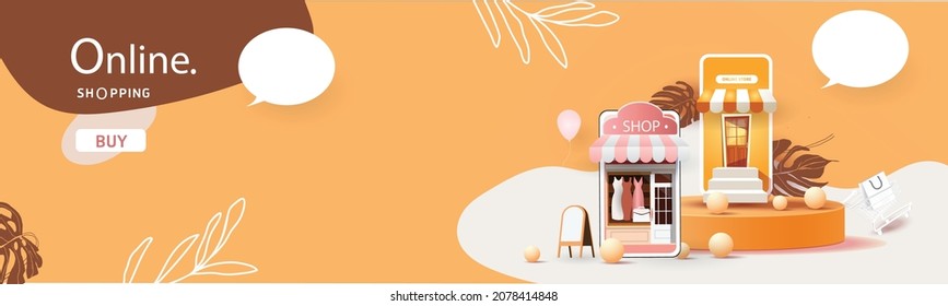 online shopping on phone buy sell business digital  web banner application money advertising payment ecommerce vector illustration search
