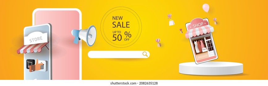 online shopping on phone buy sell business digital  web banner application money advertising payment ecommerce vector illustration search