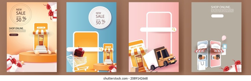 online shopping on phone buy sell business digital  web banner application money advertising payment ecommerce vector illustration search