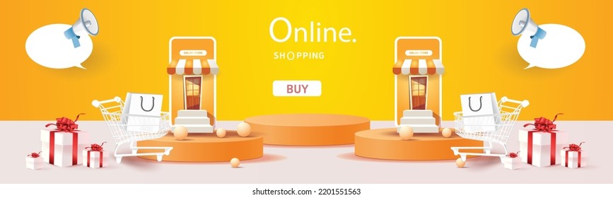 online shopping on phone buy sell business digital  web banner application money advertising payment ecommerce vector illustration search