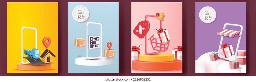 online shopping on phone buy sell business digital web banner application money advertising payment ecommerce vector illustration search