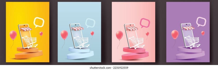 online shopping on phone buy sell business digital  web banner application money advertising payment ecommerce vector illustration search