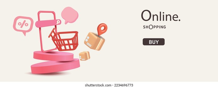 online shopping on phone buy sell business digital  web banner application money advertising payment ecommerce vector illustration search podium