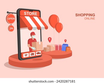 online shopping on phone, delivery, vector illustration, object on light orange background