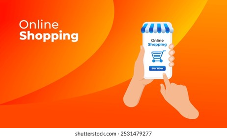 online shopping on smart with buy now buttons on orange background