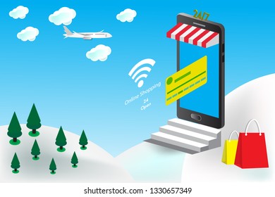 online shopping on smart phone with wireless modren design template technology concept with cloud, air plane and sky vector illustration