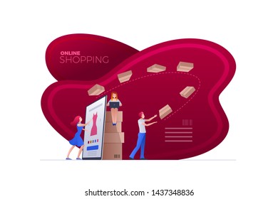 Online shopping on smart phone, digital tablet or laptop. E-commerce concept vector illustration. Quick shopping and fast delivery. 