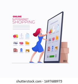 Online shopping on smart phone, digital tablet or laptop. E-commerce concept vector illustration. Stay at home and shop online.