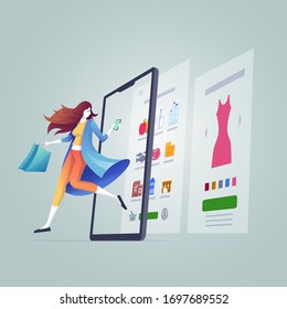 Online shopping on smart phone, digital tablet or laptop. E-commerce concept vector illustration. Stay at home and shop online.