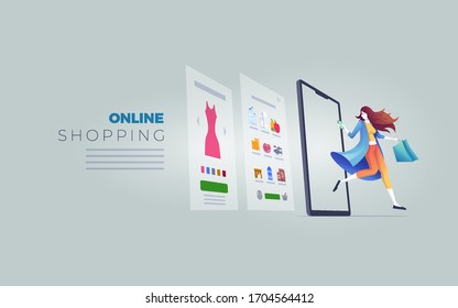 Online shopping on smart phone, digital tablet or laptop. E-commerce concept vector illustration. Stay at home and shop online.