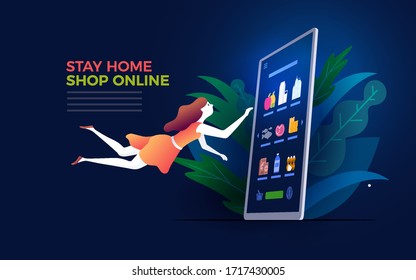 Online shopping on smart phone, digital tablet or laptop. E-commerce concept vector illustration. Stay at home and shop online.