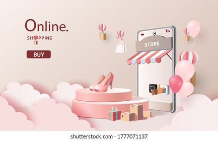 online shopping  on smart phone pink backgroud buy sell on mobile technology marketing vector illustration.