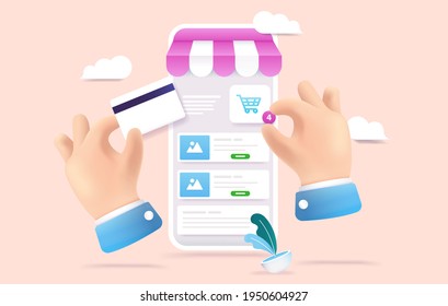 Online shopping on smartphone - 3d vector illustration of hands using store and paying on web shop. Editable mockup.