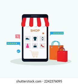 Online shopping on smartphone with shopping bag, products vector illustration