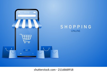 Online shopping on smartphone with shopping cart icon on screen with shopping bags lying around on blue background.
