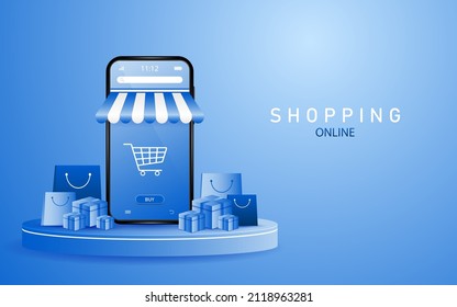 Online shopping on smartphone with shopping cart icon on screen. On the sides were all parcel boxes and shopping bags placed on a blue podium.
