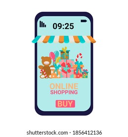 online shopping on smartphone. Choose and buy holiday gifts using the app on your mobile phone. Vector illustration in flat style isolated on a white background.Phone screen with Internet app