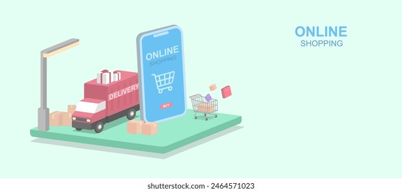 Online shopping on smartphone.  Fast delivery by truck. vector