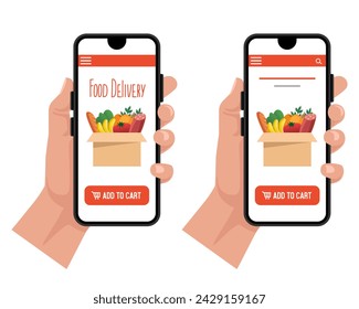 Online shopping on a smartphone. Food delivery concept. Vector flat illustration isolated on white background.