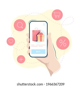 Online shopping on a smartphone, hand holding mobile phone